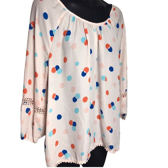 Copper Key Top Womens Sz M Pink Polka Dot Hi-Lo Lace Trim 3/4 Sleeve Blouse - Picture 6 of 12